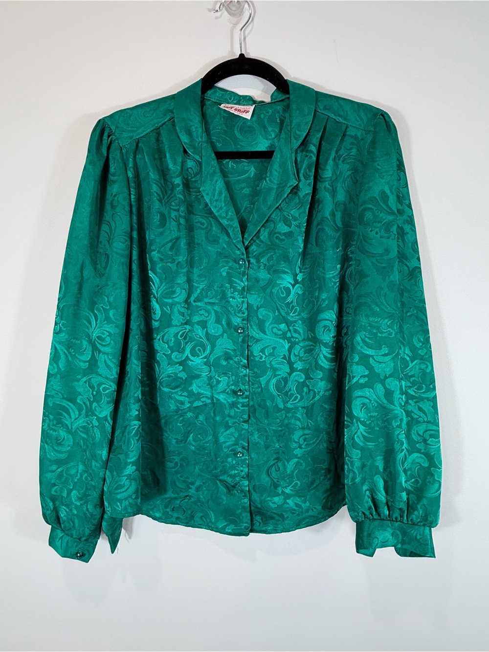 Vintage Hot Stuff Satin Jacquard Teal Green Button-Front Blouse Medium
